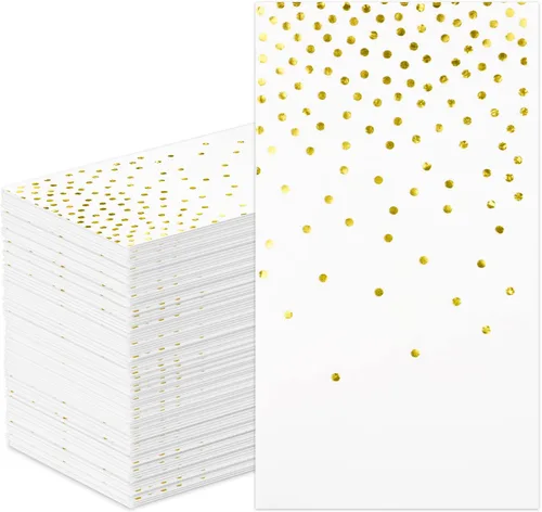 DYLIVeS Paquete de 100 mini servilletas de papel de aluminio blanco y dorado con confeti de lunares, toallas de mano desechables de Navidad,