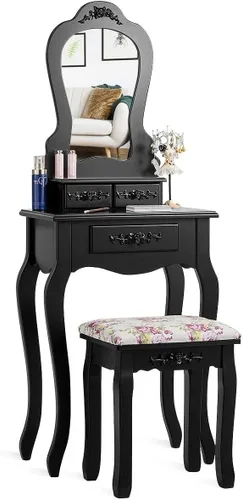 LDAILY Juego de mesa de tocador con taburete acolchado, mesa de maquillaje con espejo transparente y 3 cajones de almacenamiento, escritorio de
