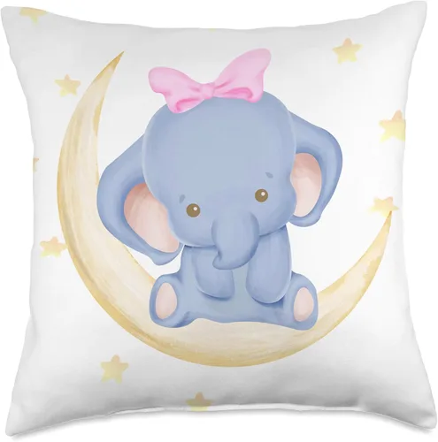 Miniatura 5 de Almohada decorativa para cuna para recién nacido, niña elefante en la luna con estrellas I decoración de habitación de guardería, 15.7 x 15.7 in