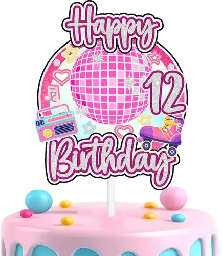 Miniatura 13 de Decoración retro de pastel de discoteca para niñas de 10 cumpleaños feliz hip hop, decoraciones de boombox, fiesta de patinaje sobre ruedas, fiesta