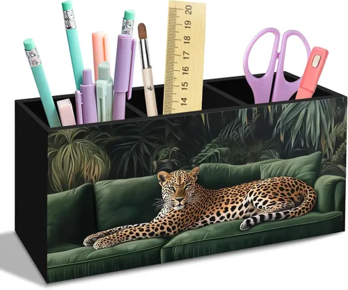 Miniatura 10 de Trendy Retro Leopard Print Pen Pencil Holder for Desk, Funky Cheetah Wooden Box Office Desk Accessories, Leopard Print Pen Holders Organizer for