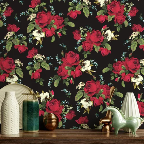 Miniatura 2 de VaryPaper Papel tapiz vintage con diseño floral oscuro de rosas rojas, 17.7 x 78.7 pulgadas, papel de contacto floral rojo para paredes, armarios