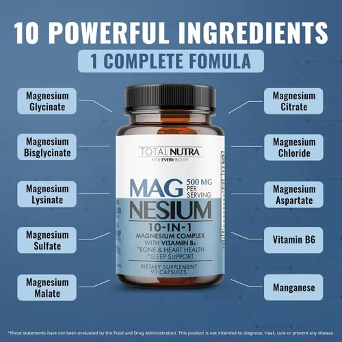 Miniatura 2 de Suplemento de magnesio 10 en 1 de 500 mg Complejo de magnesio de alta absorción con glicinato mag, citrato, vitamina B6 y magnesio para dormir