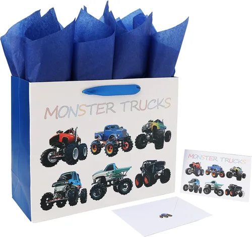 Juego de bolsas de regalo de cumpleaños grandes de 13 pulgadas con tarjeta de felicitación y papel de seda (diseño de camiones monstruo) para niños,
