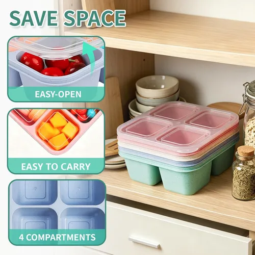 Miniatura 6 de buluker Juego de 4 Recipientes Bento para Aperitivos, Recipientes de Almacenamiento de Alimentos de 4 Compartimentos, Caja de Almuerzo de Paja