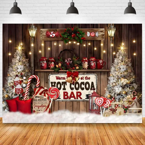 Miniatura 2 de Telón de fondo de cacao caliente de Navidad para fotografía – Fondo de decoración de cetro y árbol de tienda de golosinas – Decoración de fiesta