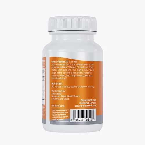 Miniatura 5 de Omax3 Vitamina D3 de alta potencia 5,000 UI (125 mcg) Huesos, músculos y articulaciones fuertes, salud cardíaca, inmunidad, sin OMG, sin gluten, sin