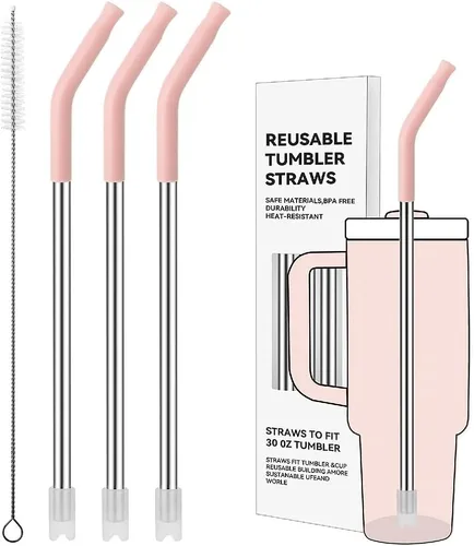 Miniatura 27 de Pajitas de metal rectas para vaso Stanley de 40 onzas, paquete de 3 popotes reutilizables de acero inoxidable con puntas de silicona y cepillo Gris