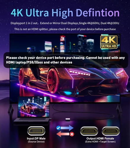 Miniatura 3 de Reborn Adaptador DisplayPort a HDMI dual 4K @60Hz Puerto de pantalla a HDMI 1 en 2 salidas divisor para monitor dual pantalla extendida, adaptador