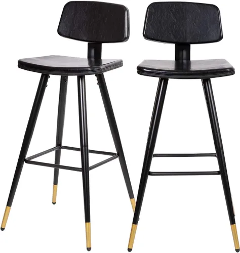 Flash Furniture Kora Taburetes de bar de respaldo bajo de grado comercial, tapicería LeatherSoft negra, marco de hierro negro, reposapiés integrado,