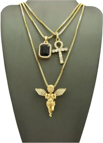 Miniatura 2 de Brilliant Jewelers USA - Juego de 3 collares para hombre, cruz de ángel, color rojo, rubí, negro, azul, verde, piedra