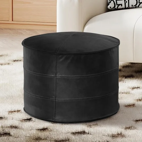 Puf otomano de cuero genuino redondo para sala de estar, recámara, interior (negro)