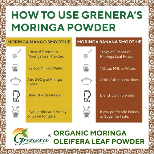 Miniatura 7 de Grenera Moringa en polvo orgánico Hoja de Moringa Oleifera Ingrediente a base de plantas Probado en laboratorio para calidad Mezcla fácil