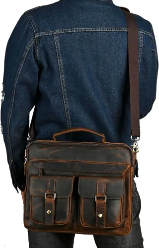 Miniatura 4 de Bolsa de lona resistente al agua + cuero para negocios, maletín de 14 pulgadas, para laptop, oficina, cartera, para hombres FBB207