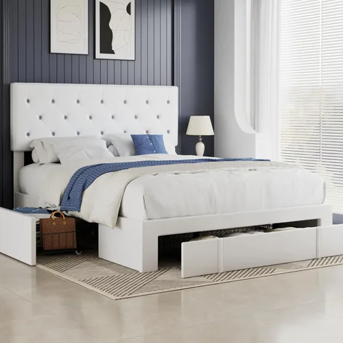 Miniatura 16 de VECELO Base de cama de tamaño individual, plataforma tapizada con cabecera ajustable de diamante, soporte de listones de madera, no necesita somier