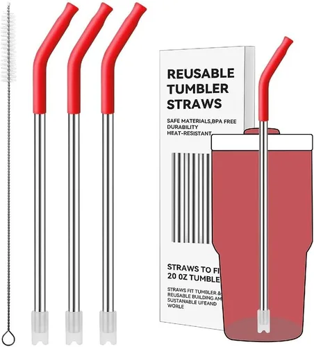 Miniatura 15 de Pajitas de metal rectas para vaso Stanley de 40 onzas, paquete de 3 popotes reutilizables de acero inoxidable con puntas de silicona y cepillo Gris