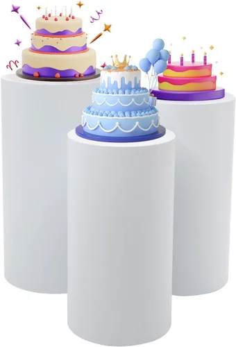 Miniatura 9 de LOYALHEARTDY 3 soportes de pedestal cilíndricos redondos de metal blanco, decoración de pedestal de fondo para mesa de postre para fiestas