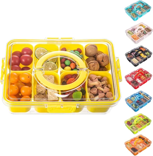 Miniatura 9 de Dingerjar Bandeja dividida para servir con tapa y asa, contenedor de charcutería para aperitivos portátiles, organizador transparente para dulces