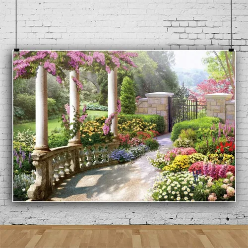 Miniatura 3 de Telón de fondo de 5 x 3 pies para fotografía de jardín primaveral hermoso, arquitectura vintage de jardín, pilares, flores en flor, fondo
