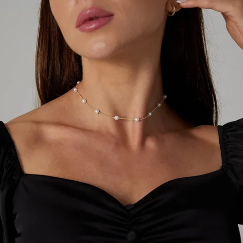Miniatura 5 de ASCOMY Delicados collares de perlas para mujer, chapados en oro de 14 quilates, grueso, media perla, cadena de palanca, minimalista, con clip