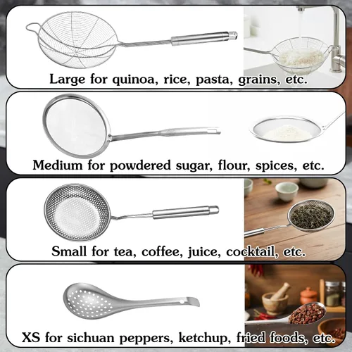Miniatura 3 de Juego de 4 cucharas de colador de araña, colador de malla fina y cuchara espumadora de grasa, metal de acero inoxidable con coladores de alimentos