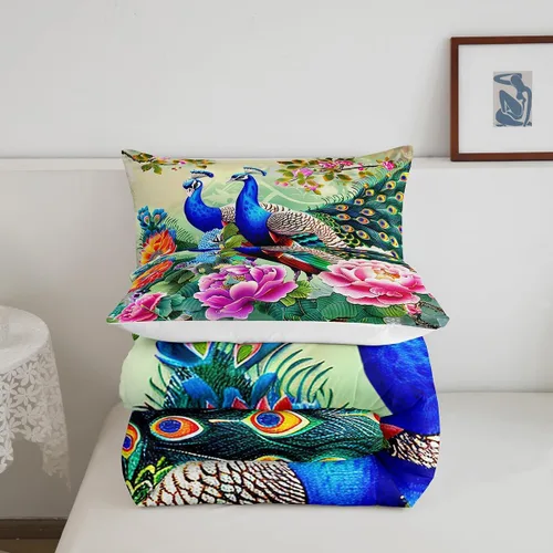 Miniatura 2 de Juego de edredón de pavo real en acuarela tamaño King, elegante y hermoso juego de ropa de cama edredón de plumas azules de 3 piezas para niños