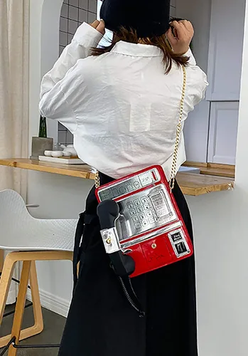 Miniatura 9 de QZUnique Bolsa de hombro con forma de cinta grabadora de radio bolsa cruzada de poliuretano para mujer bolsa de noche retro bolso de mano