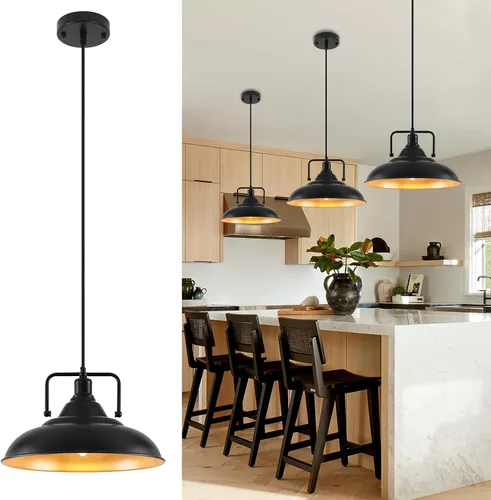 Miniatura 8 de Paquete de 1 lámpara colgante negra de 12.5 pulgadas, lámpara colgante de granja, iluminación colgante industrial, luces colgantes de cocina, luces