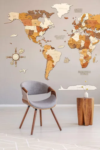 Miniatura 20 de Decoración de pared de mapa del mundo de madera, multicapa, madera teñida multicolor, nombres grabados, diseño 3D único, para cocina, oficina