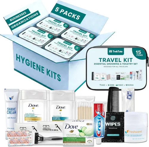 Kit de higiene a granel para hombres y mujeres – (paquete de 5) 15 piezas de artículos de tocador de tamaño de viaje, cumple con la TSA, artículos
