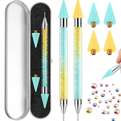 Miniatura 10 de 2 piezas de lápiz de cera con punta de diamante de imitación y pluma de punteado, selector de gemas de diamante de imitación de doble punta, lápiz