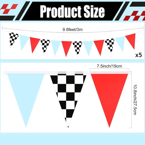 Miniatura 2 de Tiamon 5 banderas de coche de carreras, decoraciones de fiesta, rojo, azul, negro y blanco, triángulo a cuadros de 49.2 pies, banderines