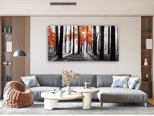Miniatura 7 de Cao Gen Decor Art S06675 - Lienzo decorativo para pared, diseño de árbol rojo en blanco y negro, sol bosque brumoso, imagen póster impresión