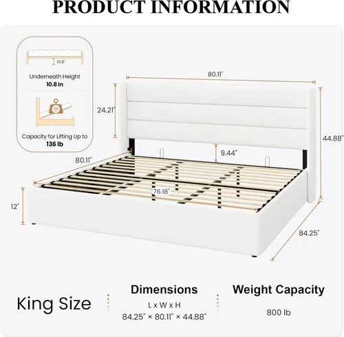 Miniatura 2 de SHA CERLIN Cama de Almacenamiento Elevable Tamaño King/Tapizada en Terciopelo/Cabecera Moderna con Respaldo de Ala/Marco de Cama Plataforma Blanco