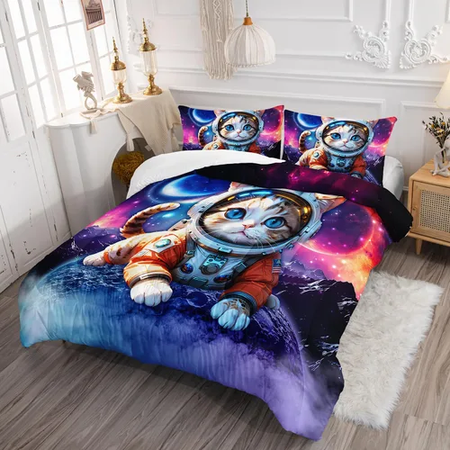 Miniatura 2 de AILONEN Juego de edredón de gato astronauta, tamaño individual, hermoso juego de ropa de cama cósmico estrellado para dormitorio, juego de edredón
