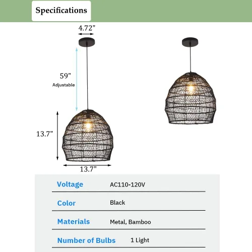 Miniatura 9 de Lámpara colgante de bambú, estilo bohemio, 1 lámpara, lámpara colgante de ratán, luz colgante tejida para cocina, isla de guardería, color negro
