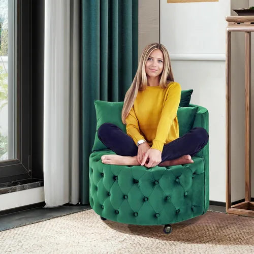 Miniatura 2 de Silla giratoria de barril de terciopelo con 3 almohadas y 4 ruedas, sofá de 360 grados, moderna silla tapizada con botones para sala de estar, Verde
