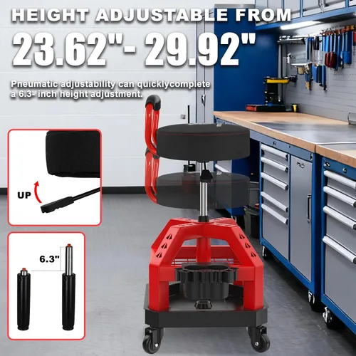 Miniatura 4 de Rolling Shop Taburete con ruedas, silla de taller mecánico de garaje con respaldo de asa, taburete de trabajo de altura ajustable, asiento