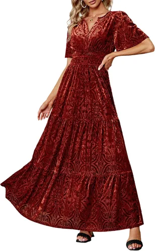 Amegoya Vestido largo de terciopelo de manga corta con cuello en V para mujer, vestido largo formal para invitados de boda, otoño, noche, fiesta