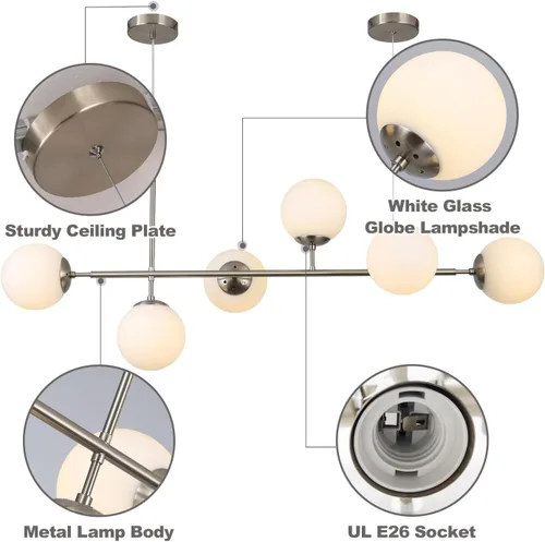 Miniatura 3 de KCO Lámpara colgante moderna de cristal de leche plateado de 6 luces, accesorio de lámpara colgante, candelabro, candelabro de níquel cepillado