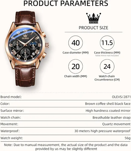 Miniatura 6 de OLEVS - Reloj de pulsera de cuero para hombre, analógico de cuarzo, cronógrafo de lujo con fecha, impermeable, luminoso - Estilo de vestir
