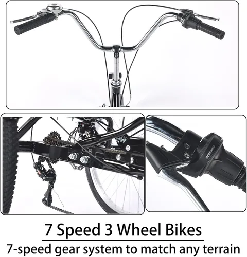 Miniatura 7 de Triciclo para adultos de 7 velocidades, bicicletas de 3 ruedas con asiento trasero, triciclo para adultos de 20/24 pulgadas, ruedas bajas con cesta