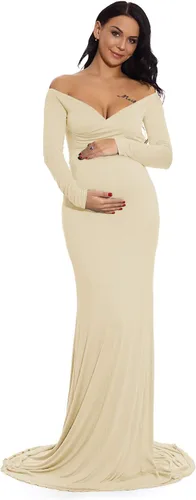 ZIUMUDY - Vestido ajustado de maternidad con cuello en V fruncido, hombros descubiertos, manga larga, maxivestido para fotografía