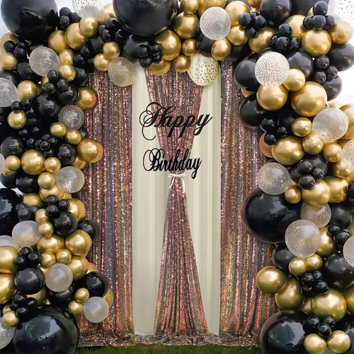 Miniatura 2 de Cortinas de fondo de lentejuelas brillantes, 4 piezas de 2 x 8 pies, fondo de fiesta de cumpleaños en negro y dorado, cortinas de lentejuelas Negro