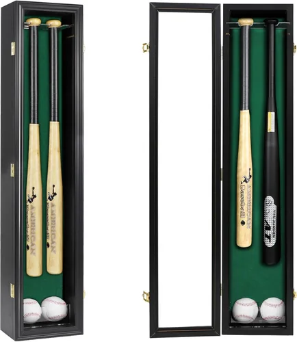 HOROW Vitrina de bate de béisbol, marco de madera con soporte de puerta acrílico transparente, gabinete montado en la pared, caja de sombra vertical