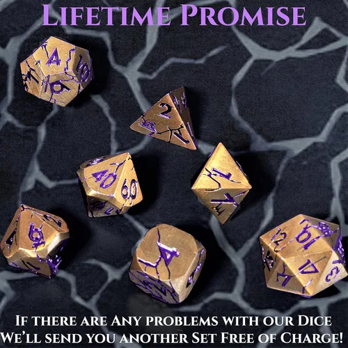 Miniatura 5 de Dados de metal para DND – Ruinas de faraón oro oscuro con grietas moradas – Juego de dados poliédricos para D&D, RPG y más – Bellamente detallados