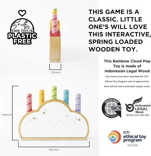 Miniatura 8 de Le Toy Van - Juguete sensorial de madera para bebé Petilou Rainbow Cloud Pop Press and Release Toy Juguete educativo sensorial Montessori