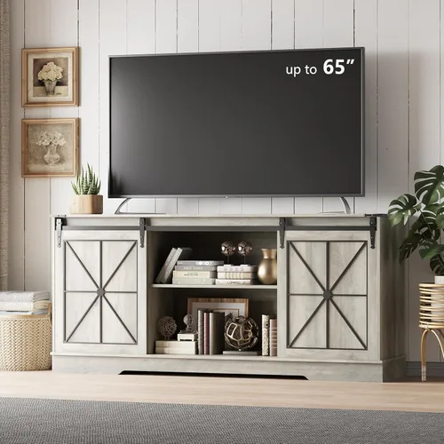 Miniatura 8 de Soporte de TV estilo granja para televisores de 65/60/55 pulgadas, centro de entretenimiento rústico con gabinetes de almacenamiento y puertas Negro