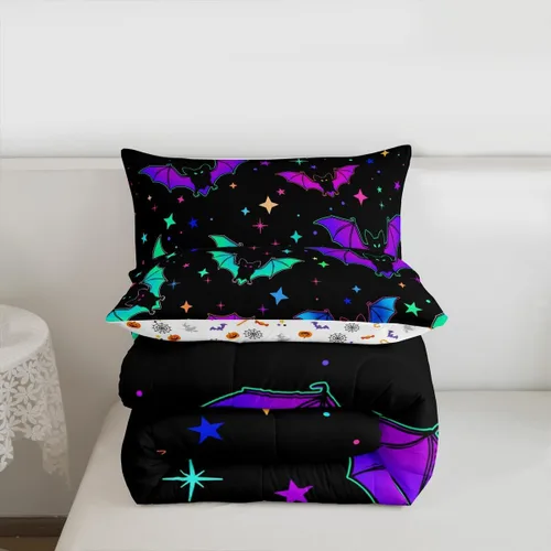 Miniatura 7 de Erosebridal Juego de ropa de cama de murciélago de Halloween, tamaño individual, juego de edredón de estrellas con purpurina y galaxia para niños