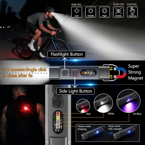 Miniatura 2 de SKYFIRE 2Pack linterna recargable EDC con encendedor eléctrico, clip y base magnética, mini linternas con luz LED UV roja y blanca, luz de bolsillo